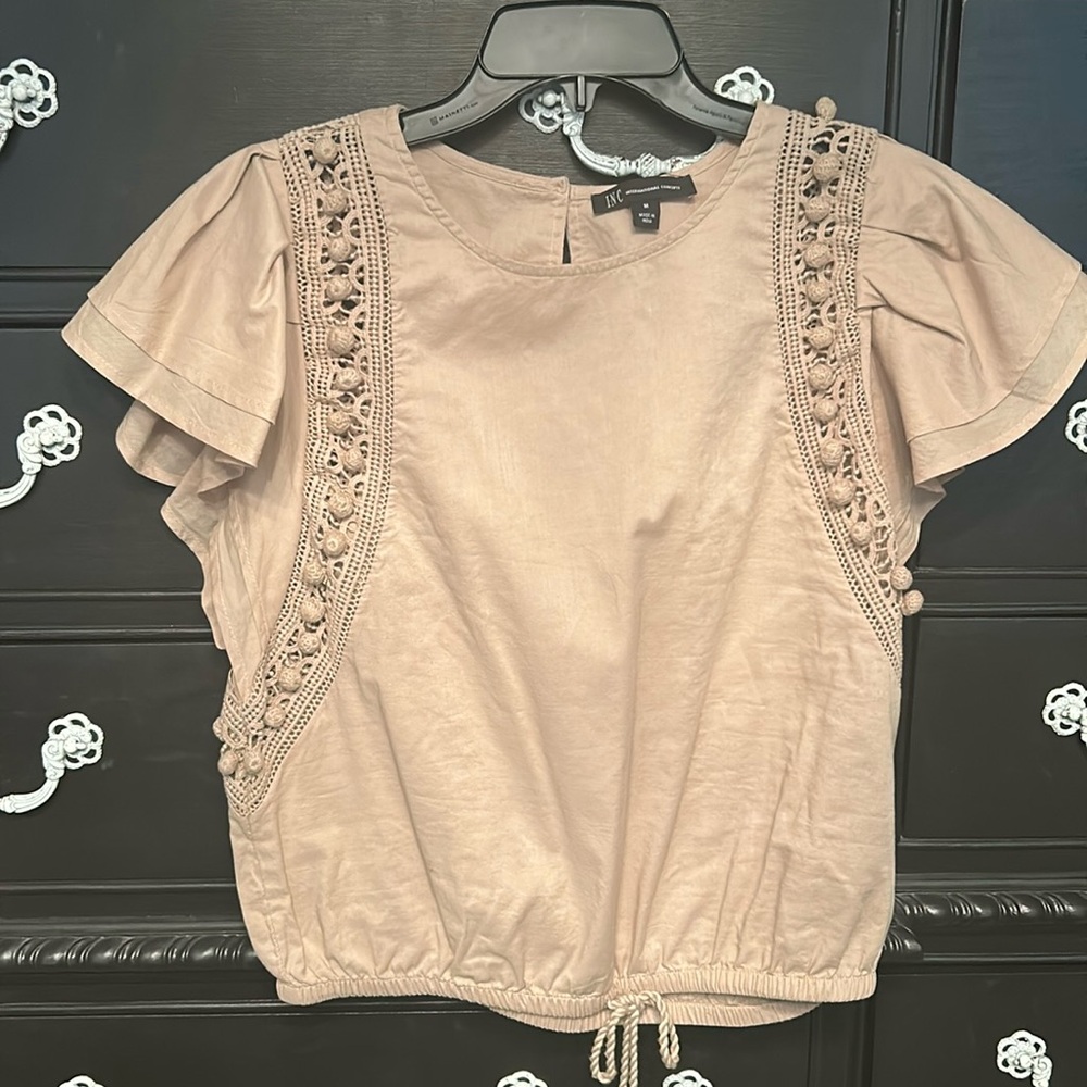 NWT! INC brand  tan blouse with crochet inlay and ruffled sleeves - so cute !!